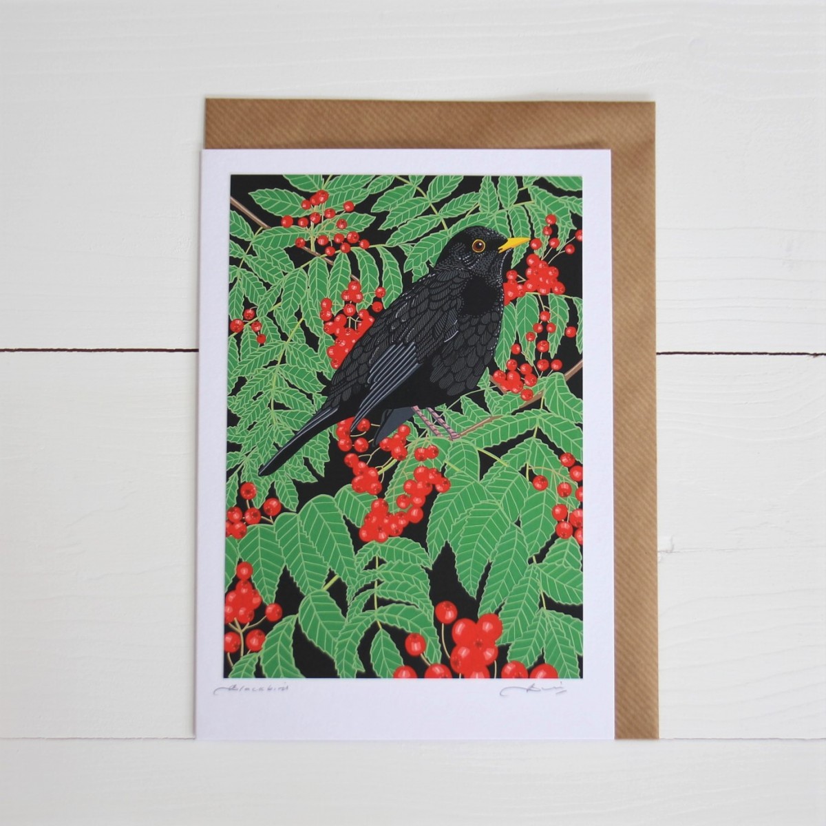 Blackbird Bird Flower Handmade Hand Titled And Signed Greeting Card A5