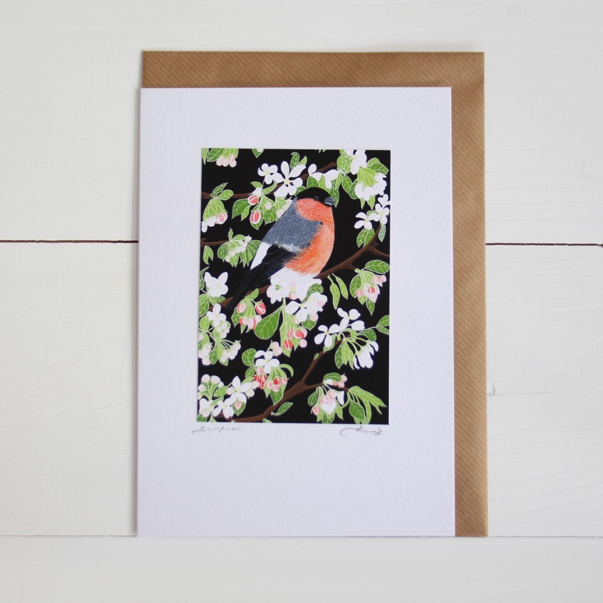 Bullfinch Bird Flower Handmade Hand Titled And Signed Greeting Card A5