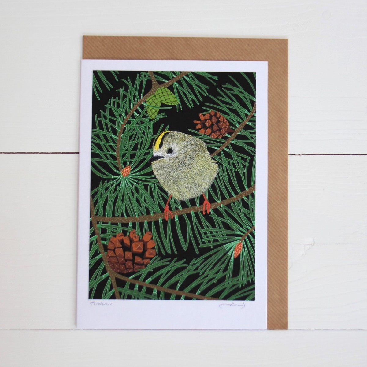 Goldcrest Bird Flower Handmade Hand Titled And Signed Greeting Card A5
