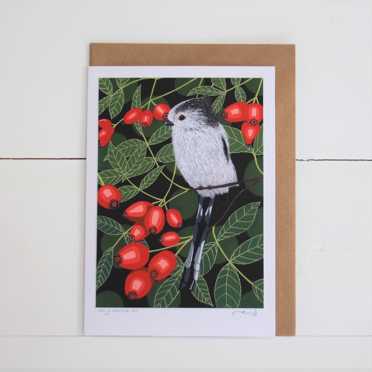 Long Tailed Tit Bird Flower Handmade Hand Titled And Signed Greeting Card A5