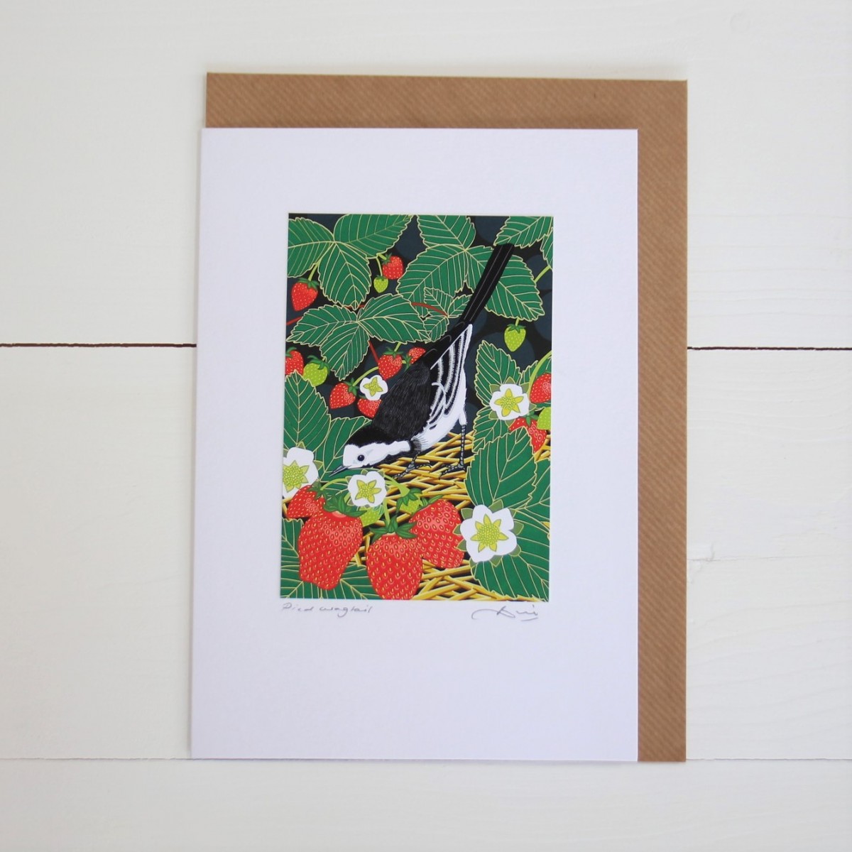 Pied Wagtail Bird Flower Handmade Hand Titled And Signed Greeting Card A5