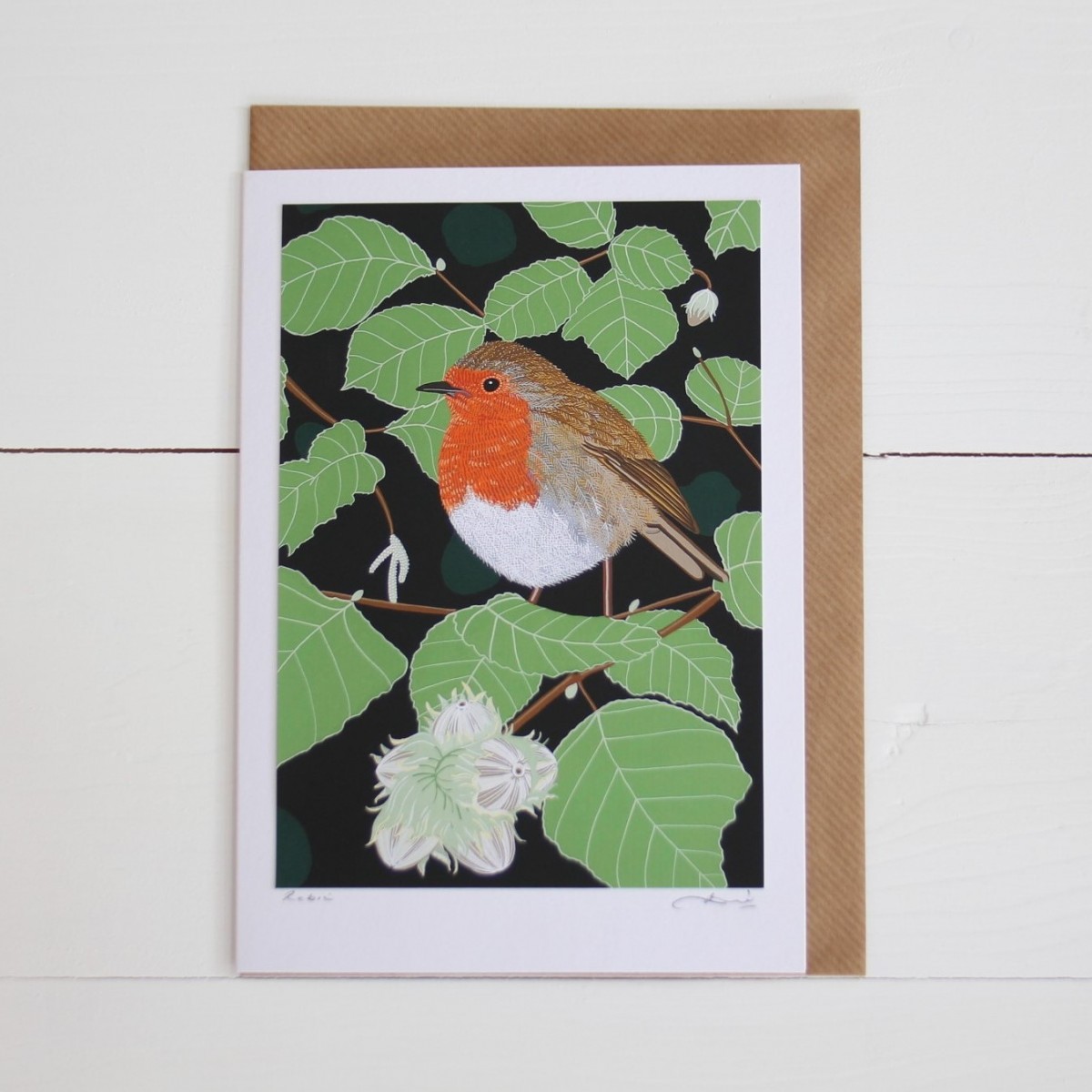 Robin Bird Flower Handmade Hand Titled And Signed Greeting Card A5