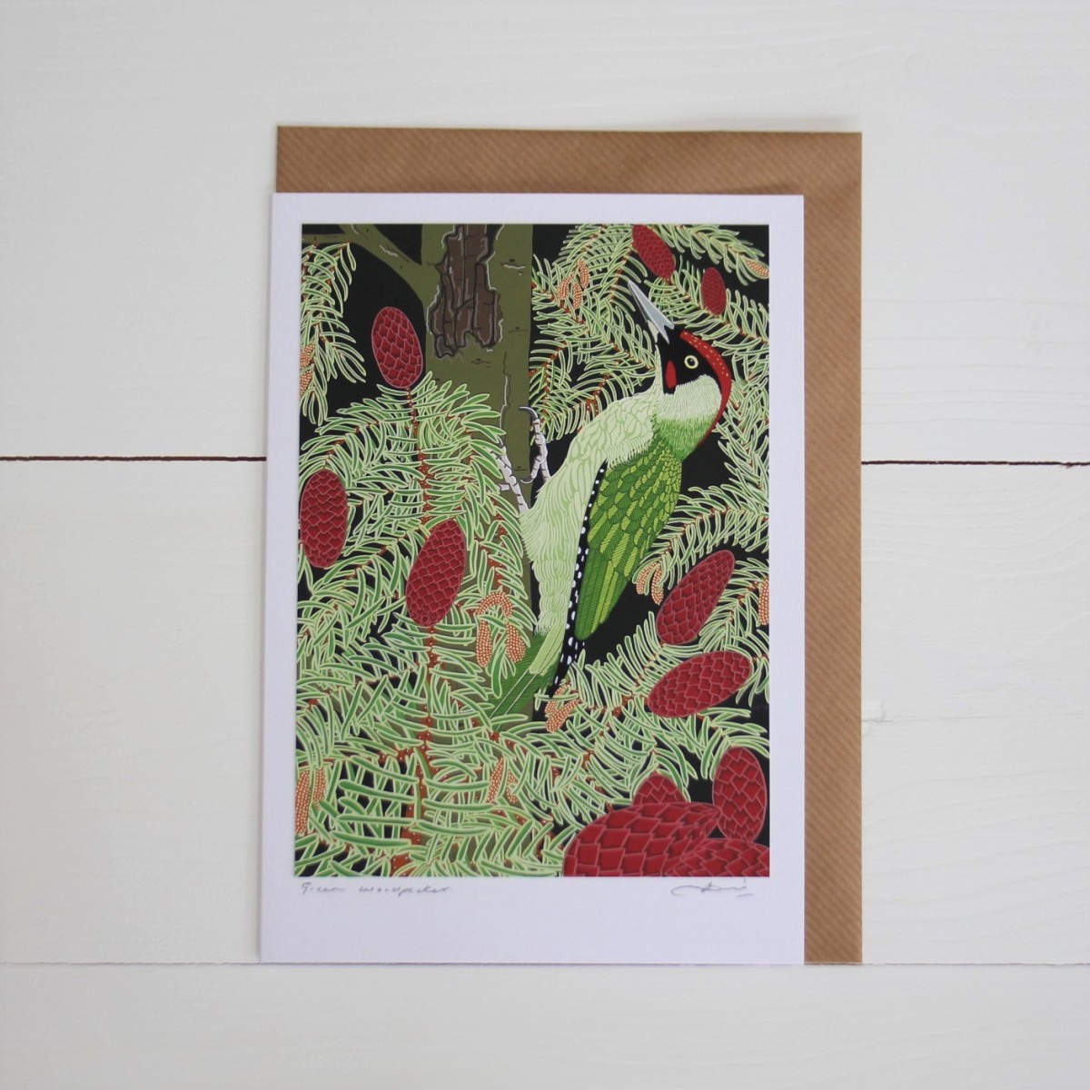 Green Woodpecker Bird Flower Handmade Hand Titled And Signed Greeting Card A5