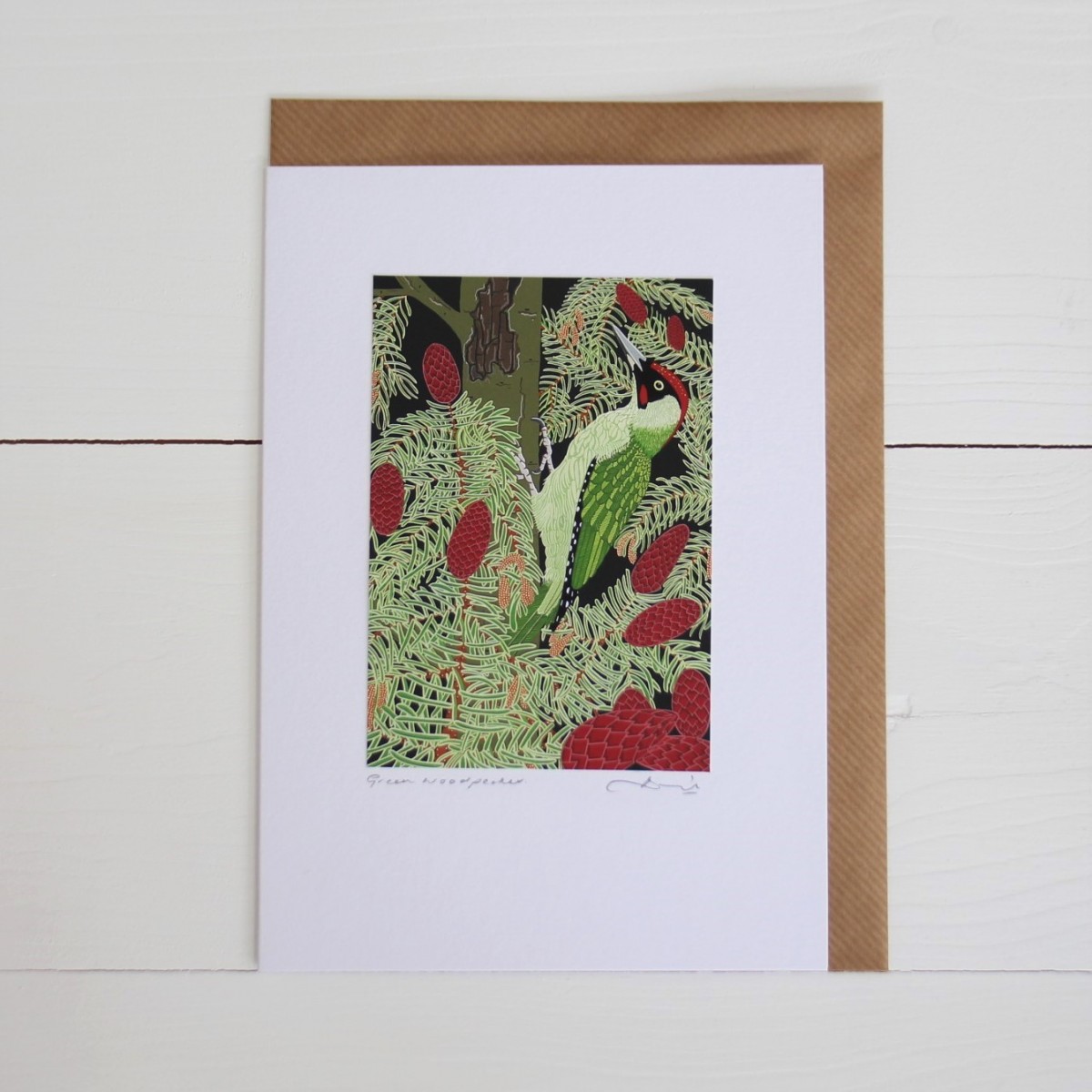 Green Woodpecker Bird Flower Handmade Hand Titled And Signed Greeting Card A5